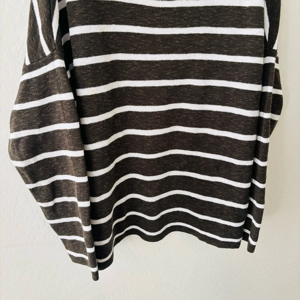 Eileen Fisher Dark Green‎ White Striped Knit Light Sweater Top Sz XL Linen Blend